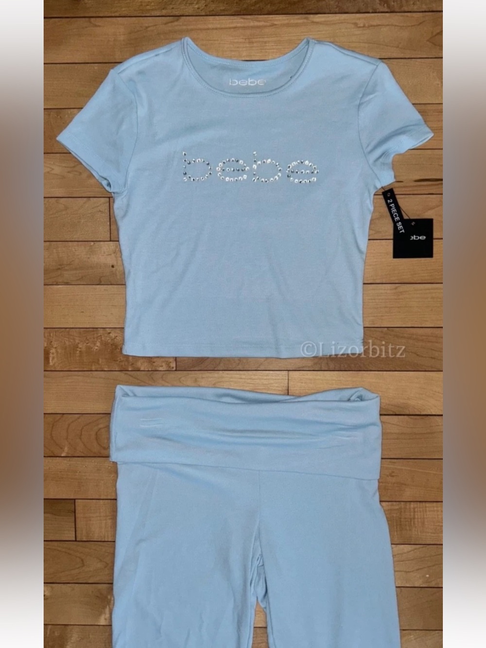 BEBE Light Blue Rhinestone Logo Crop Top & Pants Set